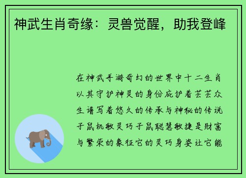 神武生肖奇缘：灵兽觉醒，助我登峰